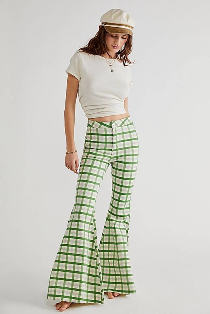 Free People Just Float On Printed Flare Jeans Green Plaid 30 - Picture 2 of 7